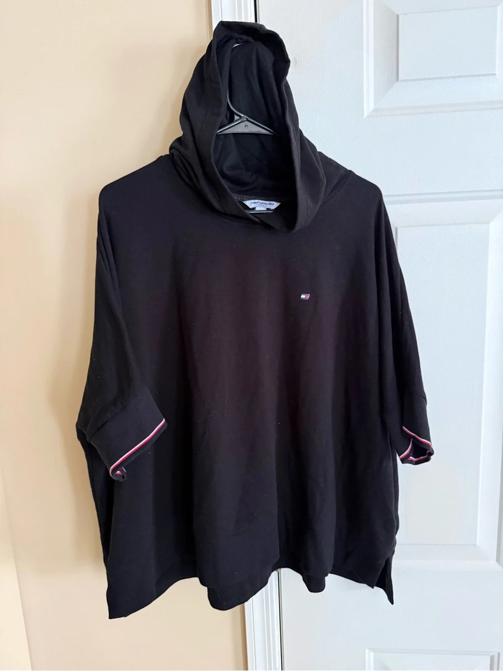 Tommy Hilfiger Black Sport Hoodie Tee with Flag Accent